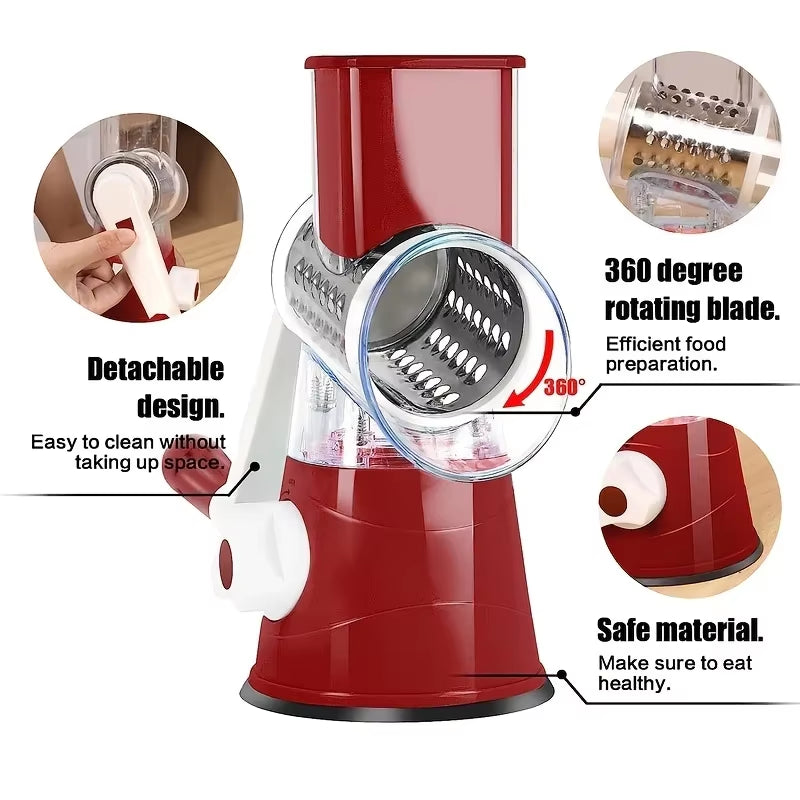 Vegetable Cutter & Slicer Manual Kitchen Cheese Chopper Machine with 3 Sharp Drums Multifunctional Garlic Potato Shredder