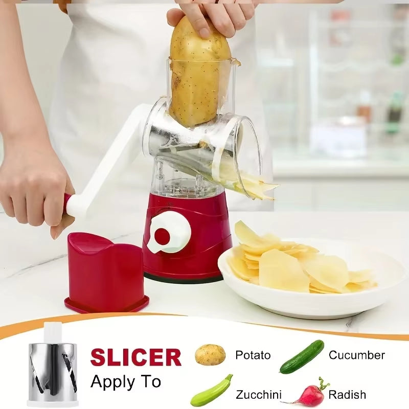 Vegetable Cutter & Slicer Manual Kitchen Cheese Chopper Machine with 3 Sharp Drums Multifunctional Garlic Potato Shredder